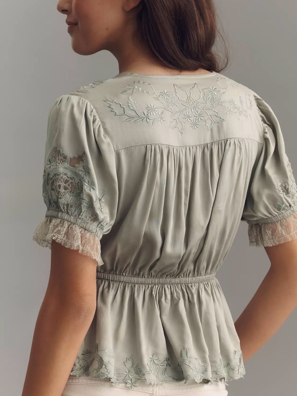 Anthropologie Embroidered V-neck Peplum Blouse - Desert Sage - Picture 7 of 11
